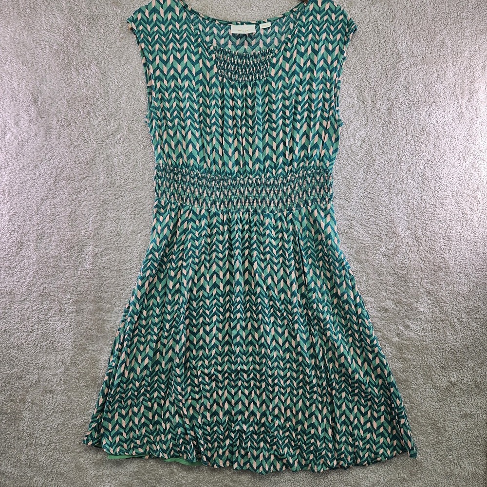 Maeve Anthropologie Dress Womens S Green Geometric Smocked Waist Pockets Lined